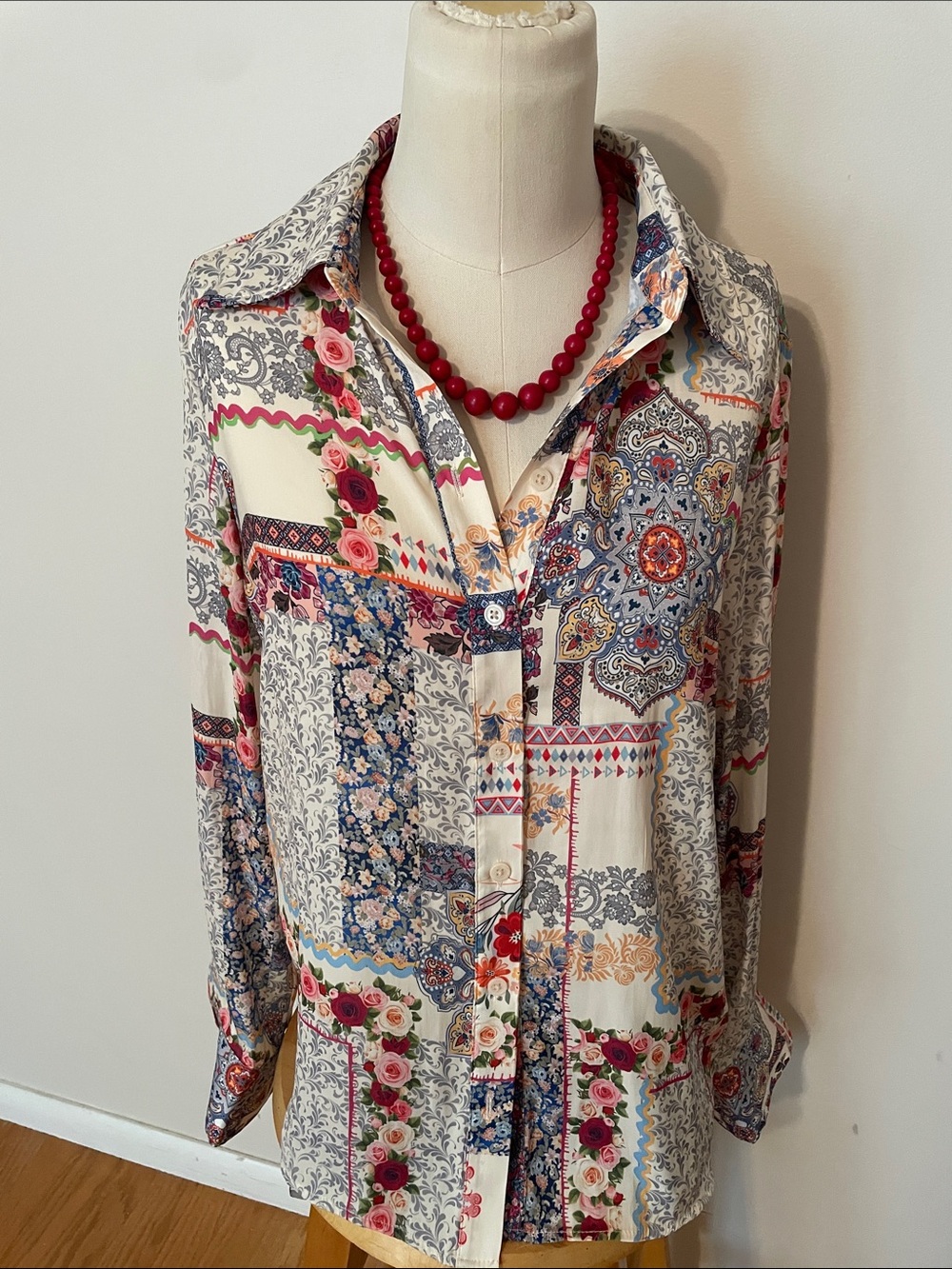 Rachel Zoe Ivory Floral Patchwork Button-Down Blouse with Blue and Red Accents
